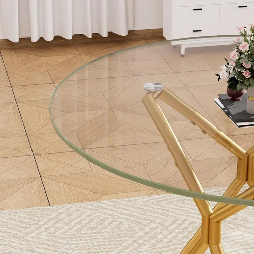 Vista 7 de Mesa de comedor redonda de 35.4 pulgadas para 4, moderna mesa de cocina de vidrio transparente para 4 personas con patas de metal dorado, mesas