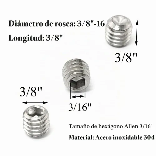 Vista 3 de Tornillos de fijación de 3/8 "-16 x 3/8" Tornillo de ajuste de acero inoxidable 304 rosca completa punta punta punta plana Tornillos hexagonales Set