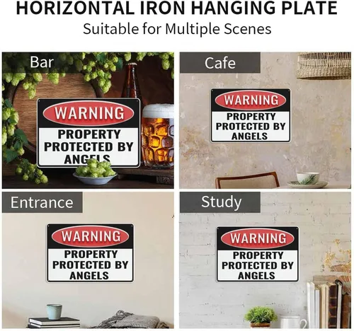 Vista 3 de Letrero de metal con diseño de propiedad protegida por ángeles, decoración de pared retro para el hogar, cafeterías, oficina, tienda, pubs, club