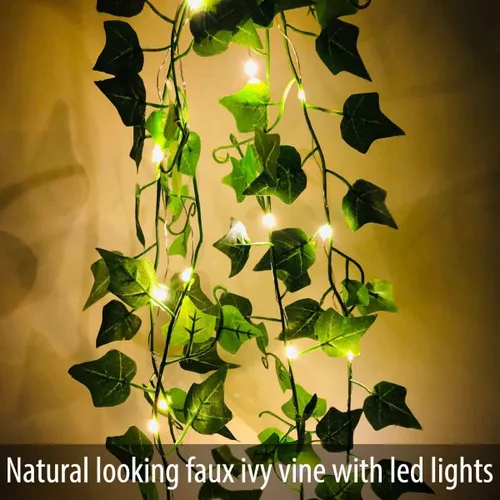 Vista 3 de Fielegen Ivy Vine de 6.56 pies con 20 luces LED de hadas, paquete de 2 2 pack ivy garland with lights, no assembly needed. 2AA battery powered.