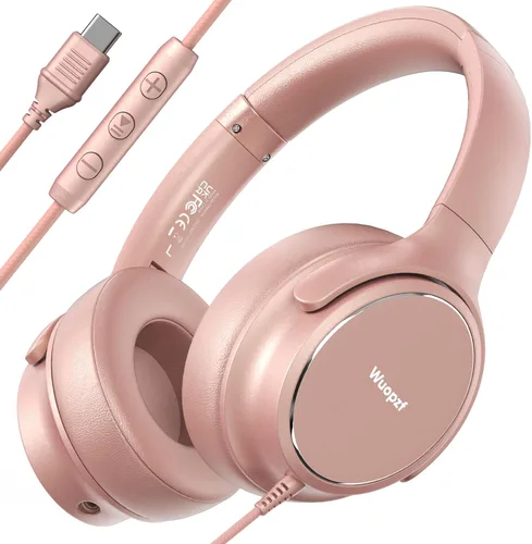 Vista 8 de Auriculares con cable USB C sobre la oreja con micrófono, control de volumen, puerto compartido y diadema ajustable, auriculares estéreo plegables