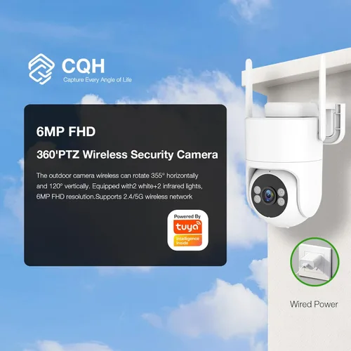 Vista 2 de Cámara de Seguridad TUYA de 6MP para Exteriores, Cámaras WiFi 2.4G/5G para Seguridad del Hogar con Grabación 24/7, Vista Panorámica-Inclinable 360°