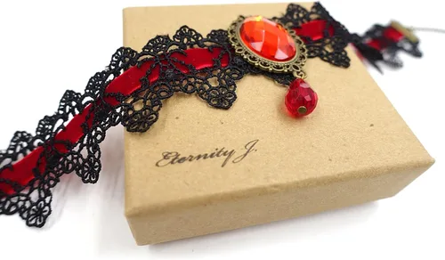 Vista 5 de ETERNITY J. - Gargantilla gótica retro hecha a mano de encaje, pulsera y colgante de cadena negro