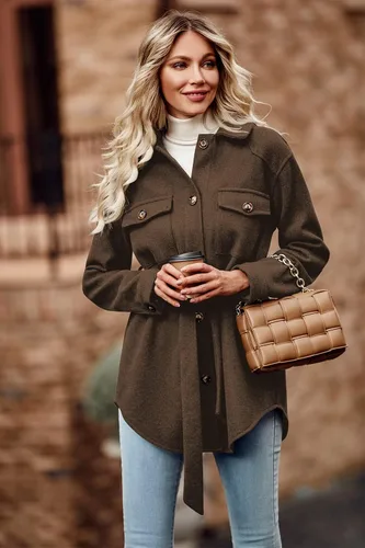 Vista 2 de PRETTYGARDEN Chaqueta de otoño con solapa y cinturón para mujer
