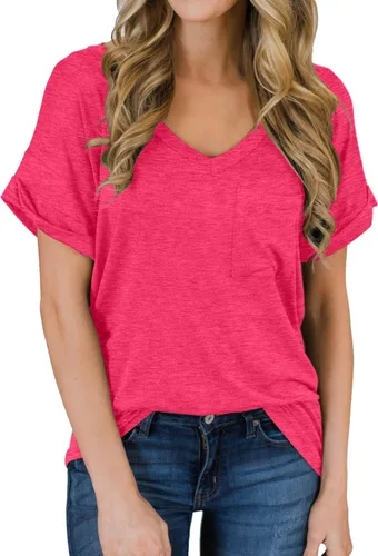 Vista 30 de Miholl Camiseta holgada, informal, de manga corta, con cuello en V, para mujer Blanco (02 White)