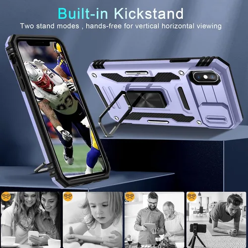 Vista 349 de DEERLAMN Funda para iPhone Xs Max con funda deslizante para cámara + protector de pantalla, soporte giratorio de anillo de grado militar a prueba