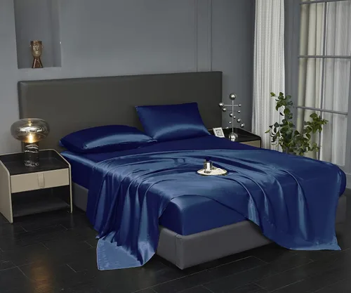 Vista 25 de Revdomfly Juego de 4 Piezas de Sábanas de Satén Azul Bebé de Tamaño Completo, Lujosas y Suaves como Seda, 1 Sábana Bajera Premium que Absorbe