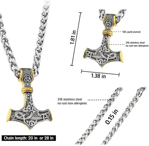 Vista 5 de BAVIPOWER Colgante de oro de 18 quilates Mjolnir nórdico vikingo martillo de Thors para hombres y mujeres acero inoxidable 316L joyería escandinava