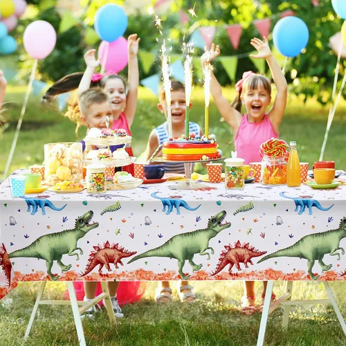 Vista 5 de Tatuo 3 manteles de dinosaurio de acuarela de 54 x 108 pulgadas, decoración de mesa de plástico de dinosaurio, desechable, impermeable, mantel