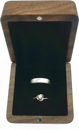 Vista 3 de LXSINO Caja de madera para anillos, 2 ranuras, caja de regalo para anillos de joyería, caja de regalo para anillo vintage, para ceremonia de boda