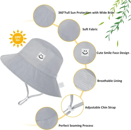 Vista 3 de Zando Sombrero de sol para bebé, con cara sonriente, protección solar UPF 50+, sombrero de cubo ajustable para bebé