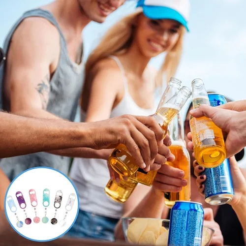 Vista 5 de 6 abrebotellas plano, mini abrebotellas retráctiles de acero inoxidable con insignia redonda, abrebotellas de cerveza plano con clip para cinturón
