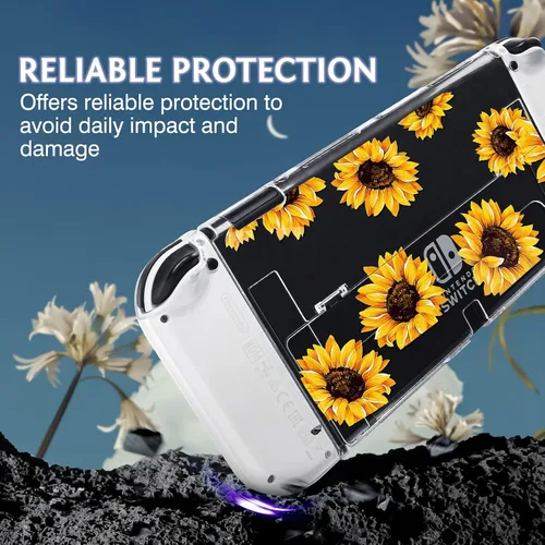 Vista 4 de DLseego Funda para interruptor amarillo transparente con flores de girasol, versión 2021, consola acoplable antiarañazos, carcasa de TPU