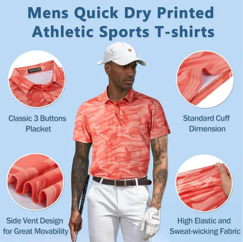 Vista 114 de TAPULCO Camisetas tipo polo de secado rápido para hombre, diseño de camuflaje, atléticas, ligeras, transpirables, casuales, para golf