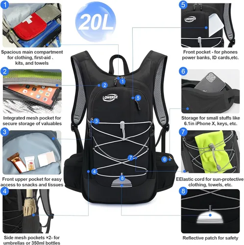 Vista 2 de Mochila de hidratación de 20 L, ligera, transpirable, con bolsa de agua de 2 L, correas ajustables para el pecho, chaleco de hidratación