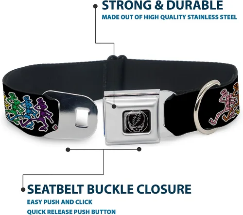 Vista 4 de Buckle-Down Collar de perro con hebilla de cinturón de seguridad, esqueletos bailarines, negro/multicolor, 1.5 pulgadas de ancho, se adapta a cuello
