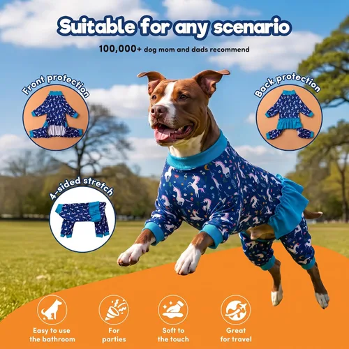 Vista 4 de LovinPet Pijamas Grandes para Perros – Camisa de unicornio para perro, mameluco de recuperación poscirugía, sirenas y unicornios estampado Azul