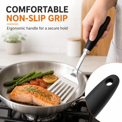 Vista 4 de Espátula ranurada de acero inoxidable, espátula de metal para sartenes de hierro fundido y acero inoxidable, espátula de cocina de borde fino