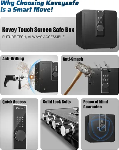 Vista 5 de Kavey Caja de seguridad ignífuga de 1.8 pies cúbicos, pantalla táctil LCD, caja fuerte para el hogar con sistema de alarma dual y modo de silencio