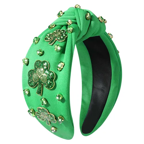 Vista 6 de boderier Diadema del día de San Patricio con sombrero de copa verde, diadema de trébol, accesorios de fiesta anudada de cristal con cuentas