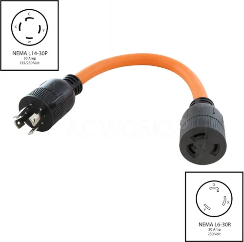 Vista 2 de AC WORKS Enchufe de bloqueo NEMA L14-30P de 4 clavijas de 30 amperios 125/250 voltios a conector hembra de bloqueo L6-30R 30Amp 250Volt (flexible)