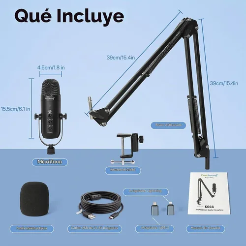 Vista 9 de ZealSound - Micrófono para podcast con brazo de brazo, micrófono USB con reducción de ruido, silencio, eco y control de volumen, monitoreo