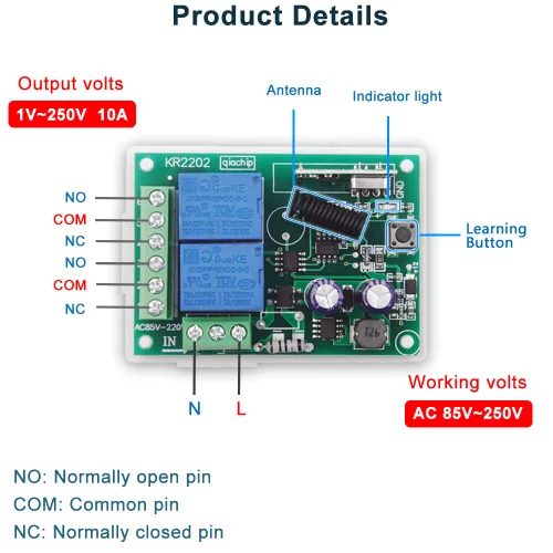 Vista 4 de AC 110V 120V 220V Control remoto inalámbrico RF interruptor de relé universal 2-Ch receptor con 2 transmisores para abridores de puertas de garaje