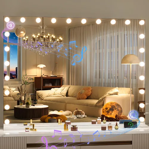 Vista 13 de Hasipu Espejo de tocador Hollywood de vidrio templado de 29 x 20.01 pulgadas con luces, altavoz Bluetooth, espejo de maquillaje con luces, 14