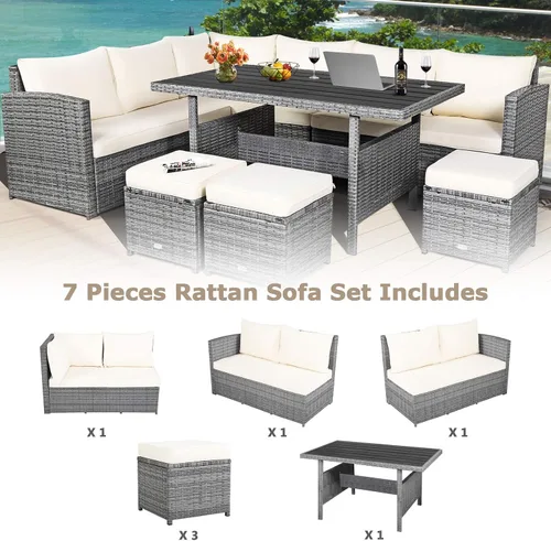 Vista 5 de HAPPYGRILL Juego de muebles de mimbre de ratán de 7 piezas, juego de muebles de patio al aire libre con cojines, juego de sofá de ratán con mesa