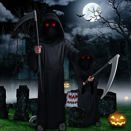 Vista 5 de Kephay Disfraz de la parca de Halloween para niños y adultos, disfraz de la parca para niños, 5 piezas, conjunto de fantasmas aterradores, cosplay