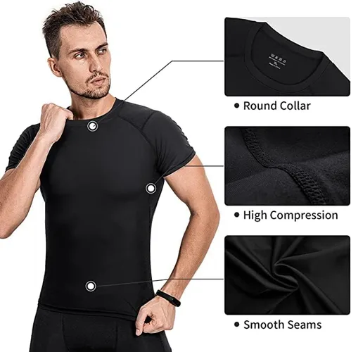 Vista 4 de Niksa Camisetas de compresión para hombre, paquete de 5, camisetas de compresión atlética de manga corta para entrenamiento fresco y seco