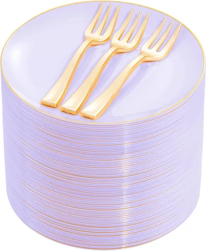 Vista 11 de Festiva 200 Piezas Platos de Postre Negro y Dorado de 6.3" con Tenedores de Plástico de 5"- Platos Desechables Pequeños- Platos de Plástico