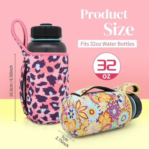 Vista 2 de Paquete de 2 fundas aislantes reutilizables de neopreno con asa para botella de agua deportiva de boca ancha de 32 onzas