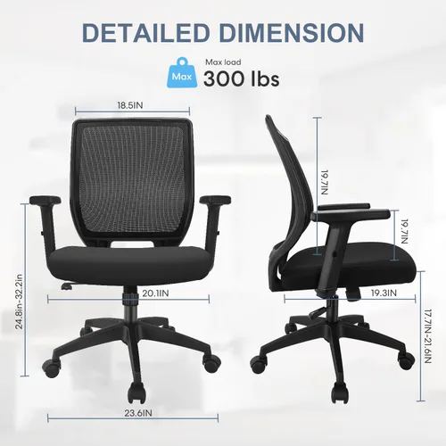 Vista 3 de Silla ergonómica de oficina, silla de escritorio de malla para el hogar con brazos ajustables, sillas de computadora con respaldo medio