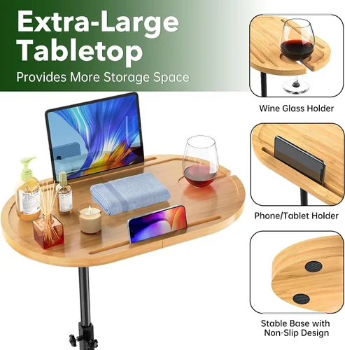 Vista 4 de NiHome Mesa giratoria grande de bambú para TV con base gruesa estable que no se vuelca, bandeja de mesa de sofá de altura ajustable, mesa auxiliar