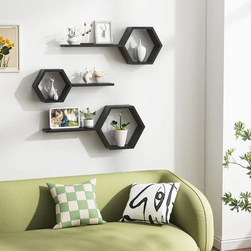 Vista 2 de Estantes flotantes hexagonales de madera para montar en la pared, juego de 6 estantes hexagonales de madera de pino para fotos, plantas, estantes