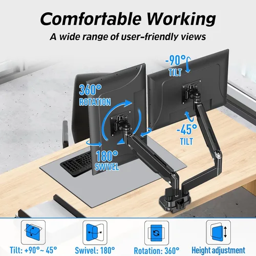 Vista 3 de MOUNTUP Soporte de monitor doble para pantalla de máximo 39 pulgadas, soporte de escritorio ultra ancho para monitor dual con capacidad de 4.4 a 33