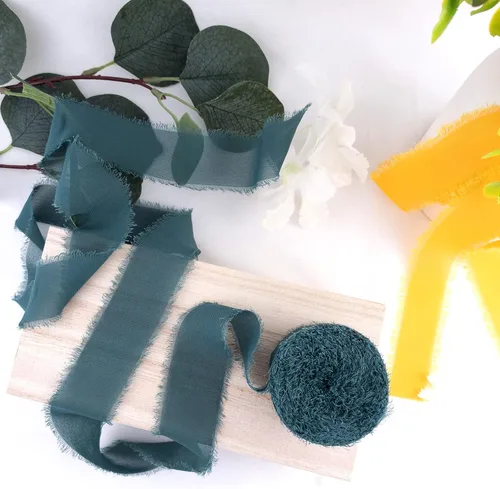 Vista 12 de Cintas de gasa de seda de 1.2 pulgadas x 11 yardas, cintas verdes hechas a mano con flecos para invitaciones de boda, envoltura de regalos, ramos