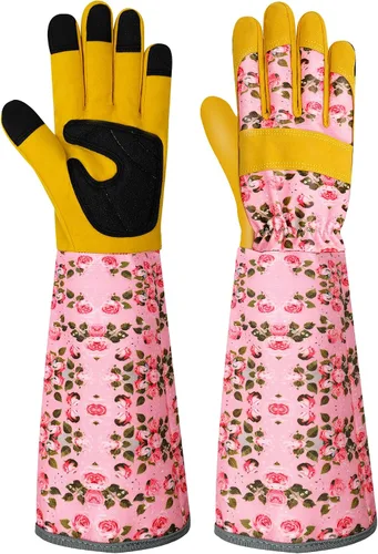 Vista 11 de Guantes largos de jardinería para mujer, guantes de cuero a prueba de espinas, guantes de trabajo transpirables para mujeres, patio, exteriores