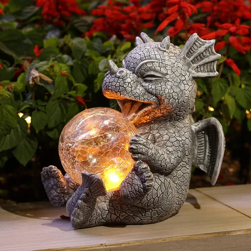 Vista 9 de Estatua de Dragón de Jardín con Energía Solar Figura Luminosa para Exteriores Decoración Linda que Sostiene Bola de Cristal Brillante Escultura