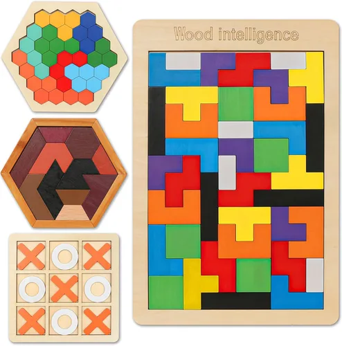 Vista 8 de Rompecabezas de bloques de madera para niños y adultos, rompecabezas de hexágono, juegos de rompecabezas de madera, juguete de forma