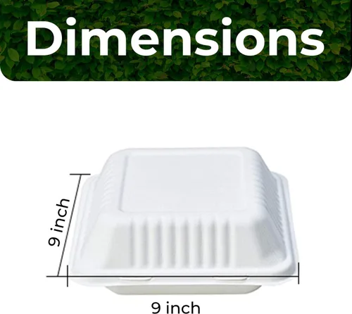 Vista 4 de Contenedores biodegradables para llevar de 9 pulgadas, paquete de 100, cajas compostables para llevar con tapa con bisagras integrada