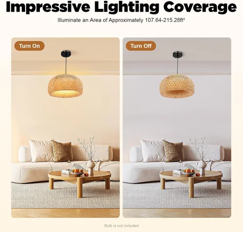 Vista 3 de Lámpara colgante de bambú tejida a mano, lámpara de ratán de una sola luz, tejido de madera natural, accesorio colgante de techo con cable ajustable