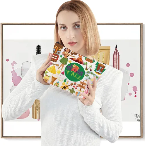 Vista 4 de LEVLO Aloha Hawaii - Bolsa de maquillaje para cosméticos, regalo de viaje, bolsa con cremallera para guitarra de playa, regalo de fiesta hawaiana