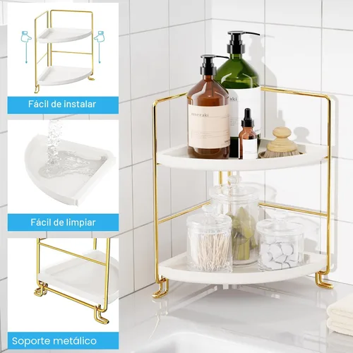 Vista 7 de FSyueyun Organizador esquinero de 2 niveles para mostrador de baño, instalación sin herramientas, estante de tocador de plástico pequeño, bandeja
