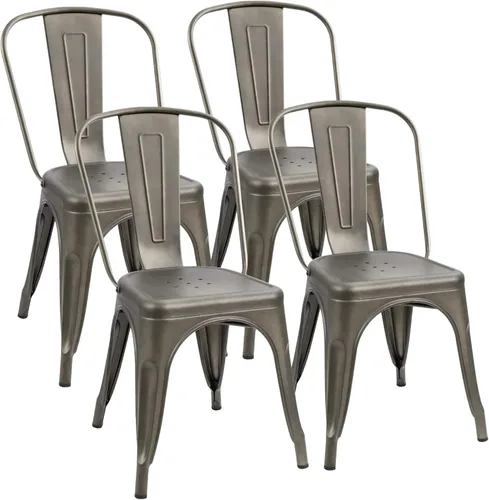Vista 8 de Flamaker Sillas de comedor de metal para uso en interiores y exteriores, sillas laterales apilables con respaldo para cocina industrial, sillas Negro