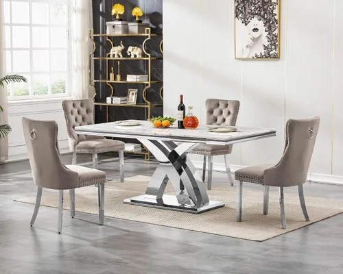 Vista 36 de Juego de mesa de comedor de cristal plateado moderno de 70 pulgadas para 4, juego de mesa de comedor rectangular de 5 piezas con patas de acero