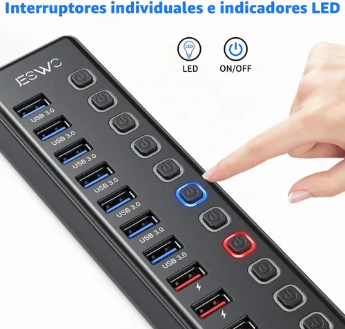 Vista 3 de Hub USB alimentado, concentrador USB 3.0 de 11 puertos JESWO (7 puertos de transferencia de datos + 4 puertos de carga inteligente)
