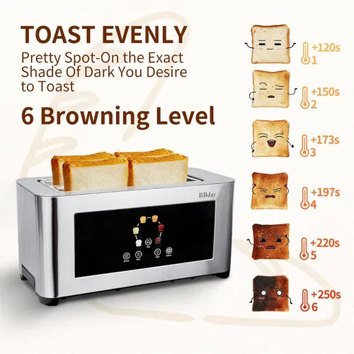 Vista 4 de Tostadora Inteligente con Pantalla Táctil de 4 Rebanadas, Pantalla LCD, Tostadora de Ranura Larga de 1.6", con 6 Configuraciones de Tostado