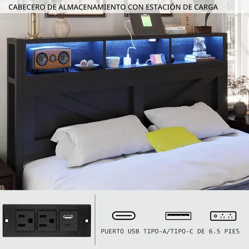 Vista 6 de Marco de cama matrimonial con cabecera y cajones de almacenamiento, color Luces LED y estación de carga, plataforma de metal, no necesita somier